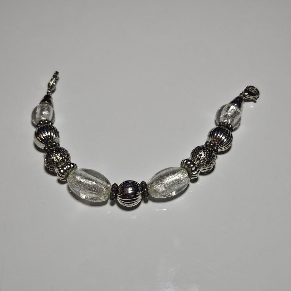 Silver Tone And Clear Beaded Medical Alert Stretch Bracelet 6"